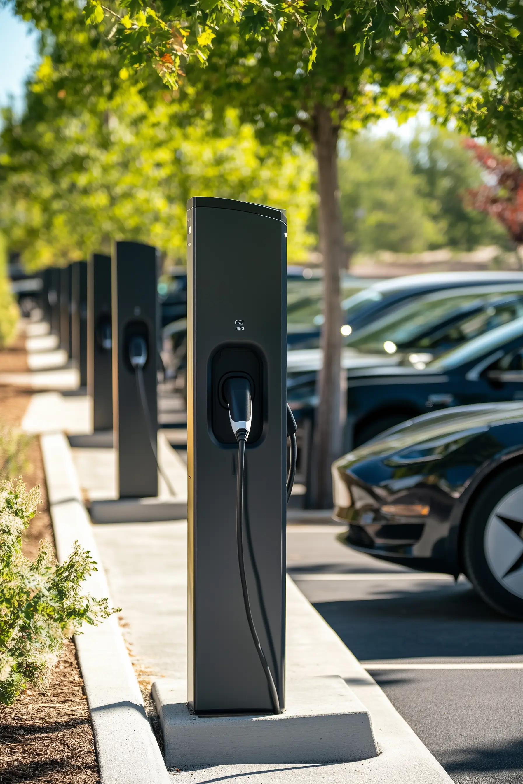 Row of Electric Vehicle Charging Stations at a parking lot