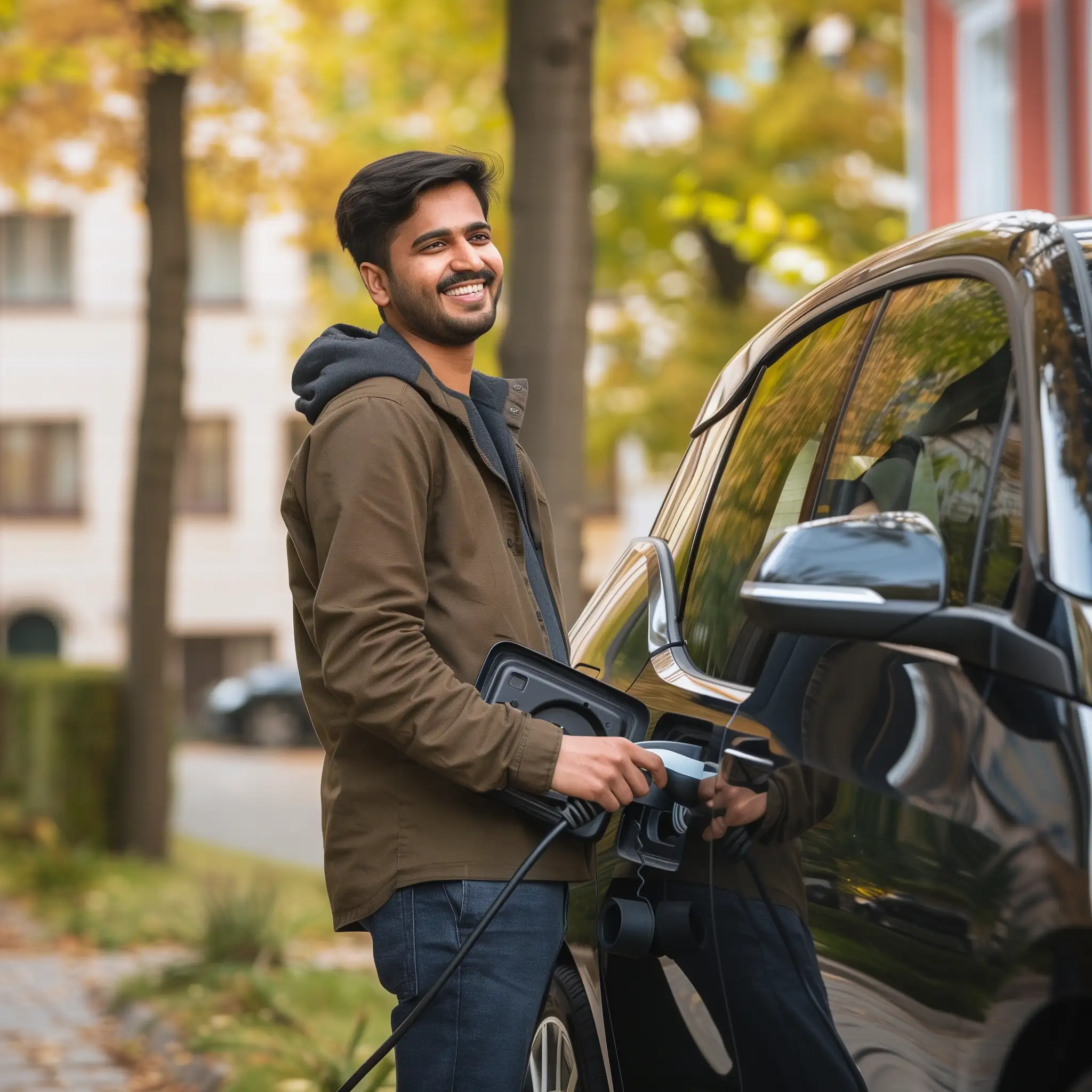 Man smiling while charging electric vehicle